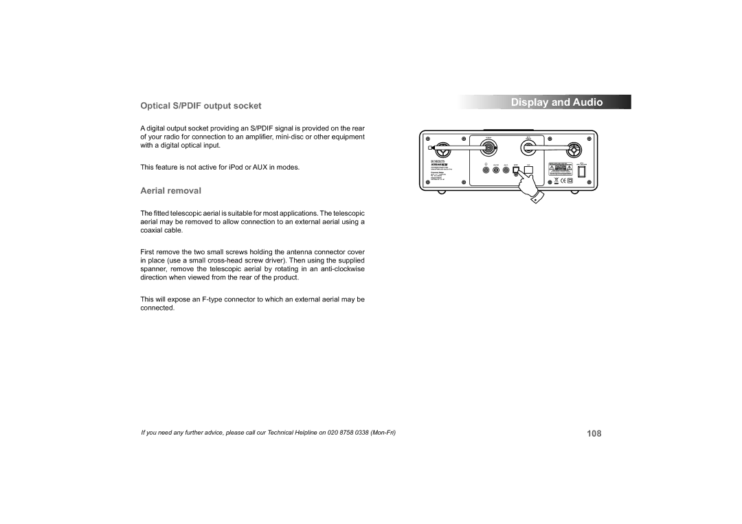 Roberts Radio 63I manual Optical S/PDIF output socket, Aerial removal 