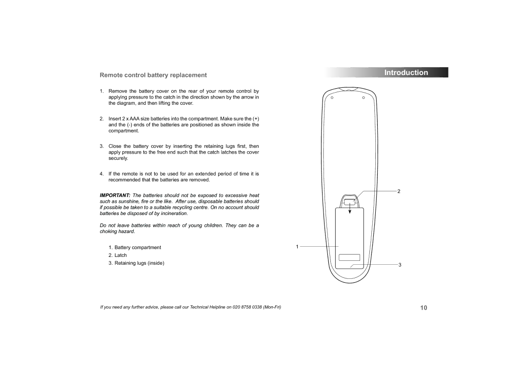 Roberts Radio 63I manual Remote control battery replacement, Battery compartment Latch Retaining lugs inside 