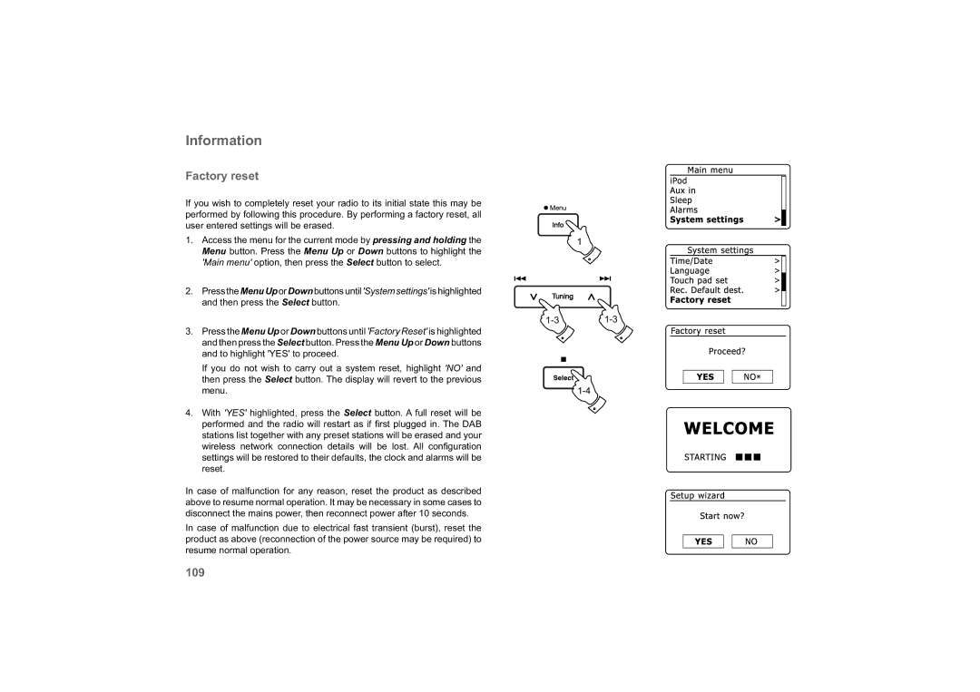 Roberts Radio 63I manual Information, Factory reset, 109 