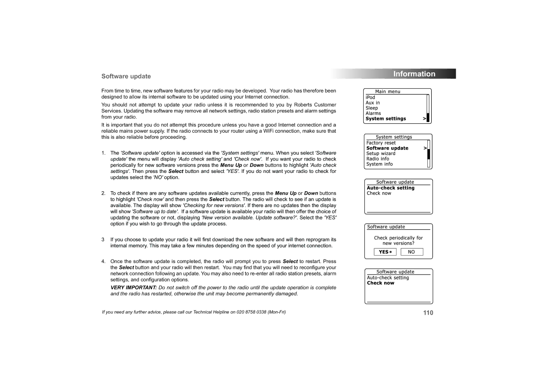 Roberts Radio 63I manual Software update, 110 