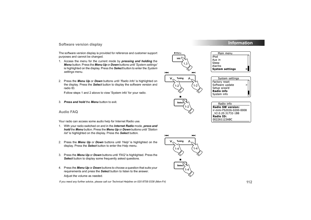 Roberts Radio 63I manual Software version display, Audio FAQ 