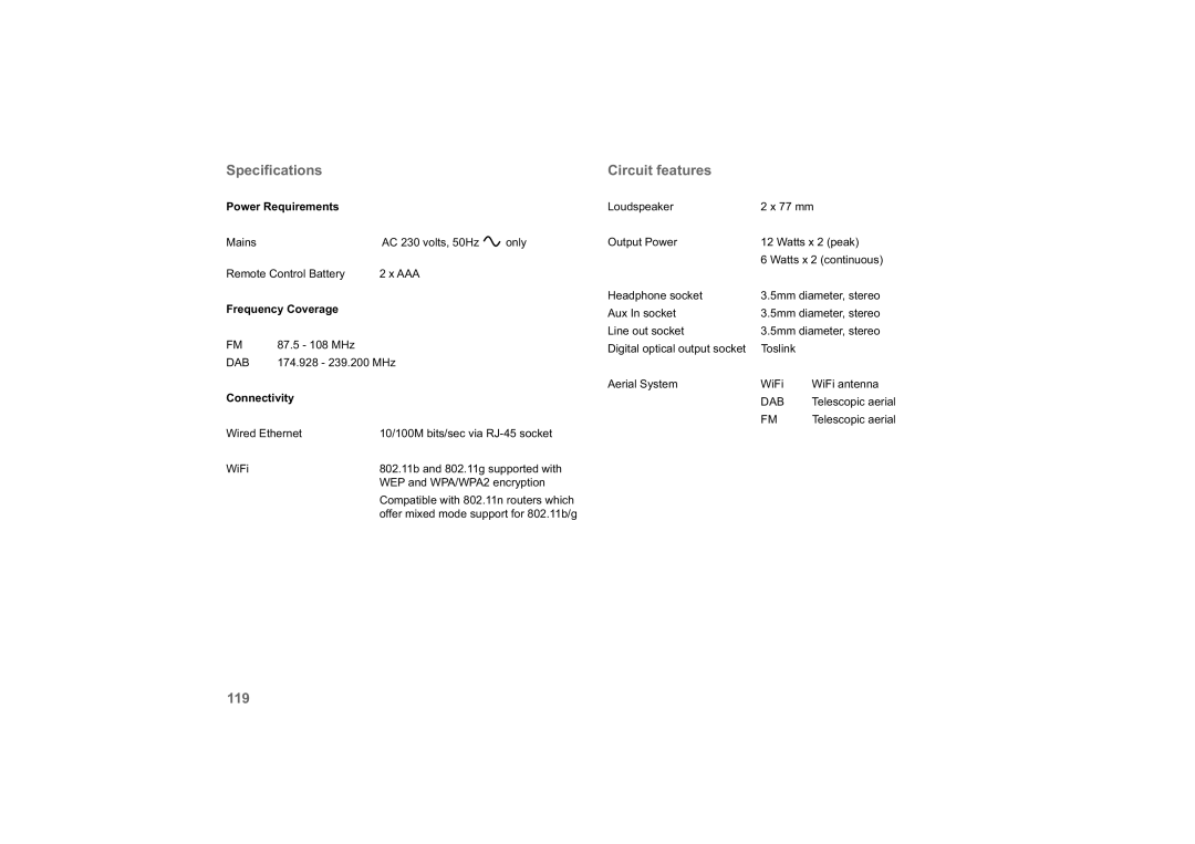 Roberts Radio 63I manual Speciﬁcations, Circuit features, 119 