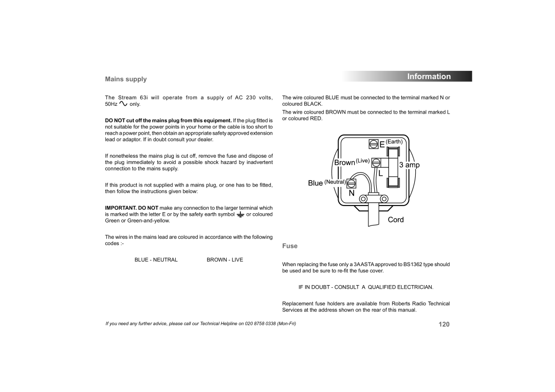 Roberts Radio 63I manual Mains supply, Fuse 