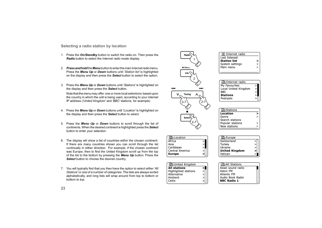 Roberts Radio 63I manual Selecting a radio station by location 