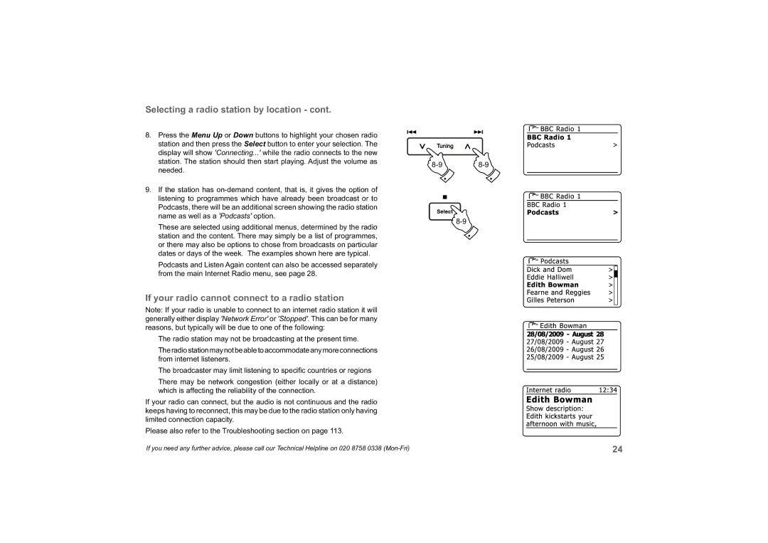 Roberts Radio 63I manual If your radio cannot connect to a radio station, Name as well as a Podcasts option 