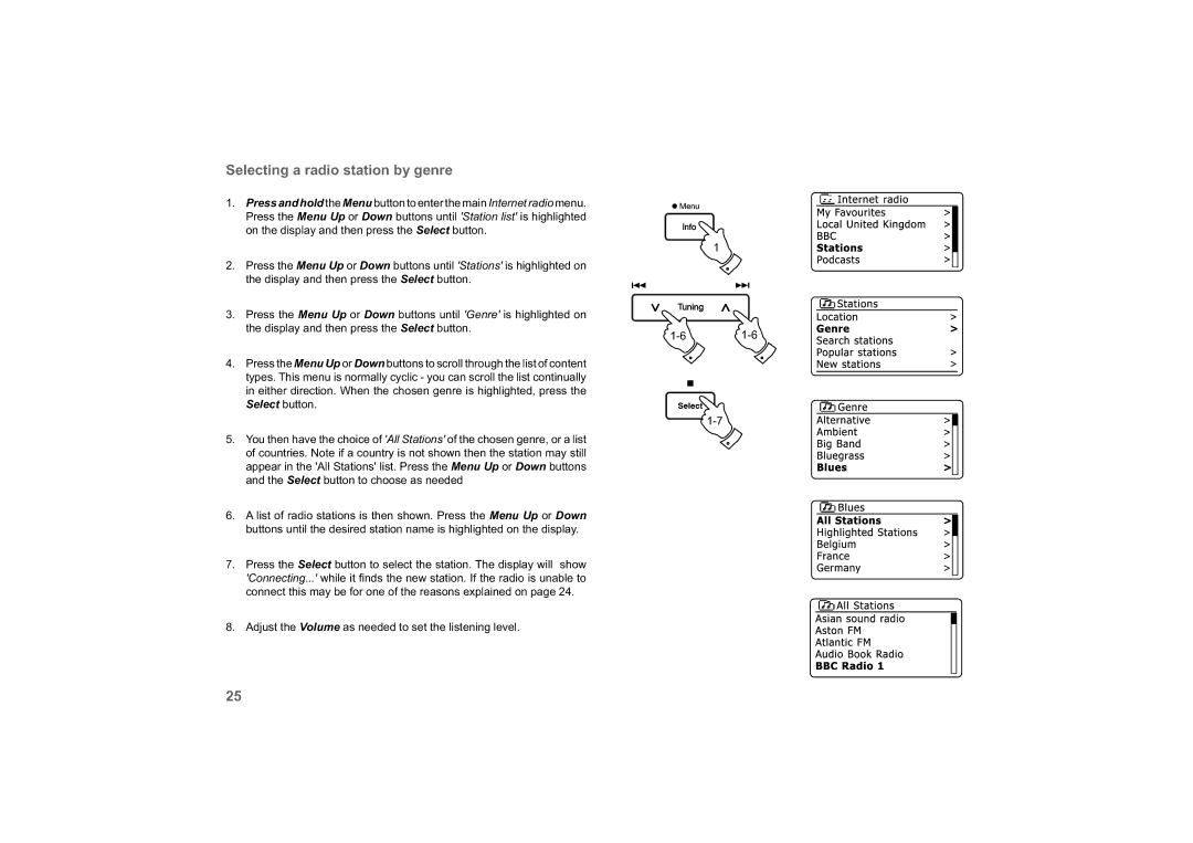 Roberts Radio 63I manual Selecting a radio station by genre, Select button 