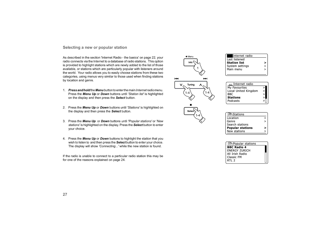 Roberts Radio 63I manual Selecting a new or popular station 