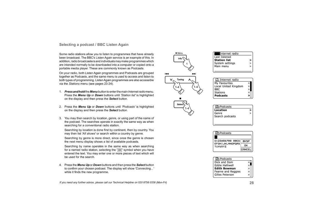 Roberts Radio 63I manual Selecting a podcast / BBC Listen Again 