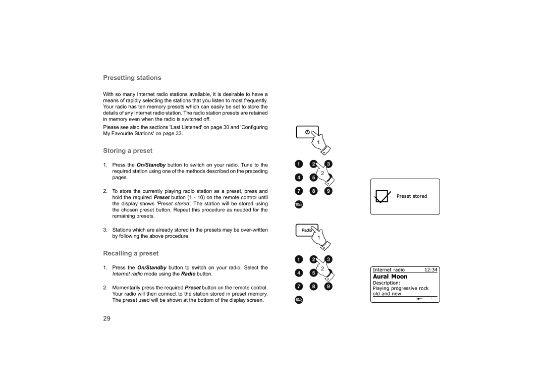 Roberts Radio 63I manual Presetting stations, Storing a preset, Recalling a preset 