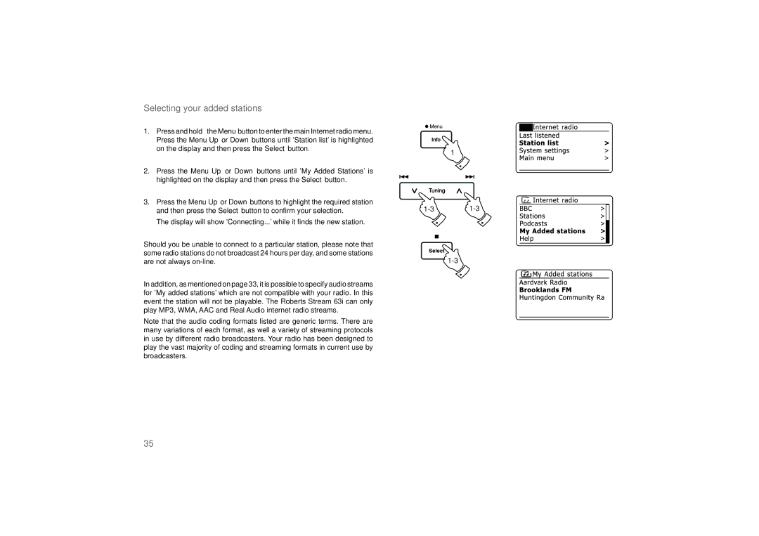 Roberts Radio 63I manual Selecting your added stations 