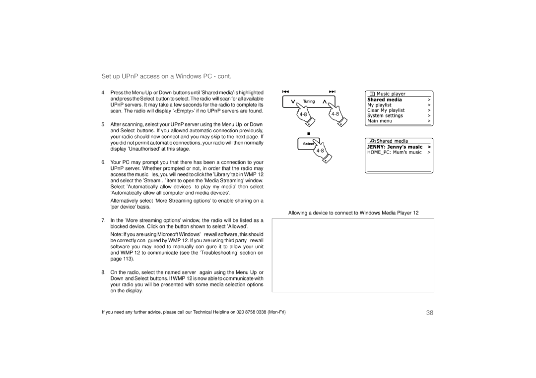 Roberts Radio 63I manual Set up UPnP access on a Windows PC, Allowing a device to connect to Windows Media Player 