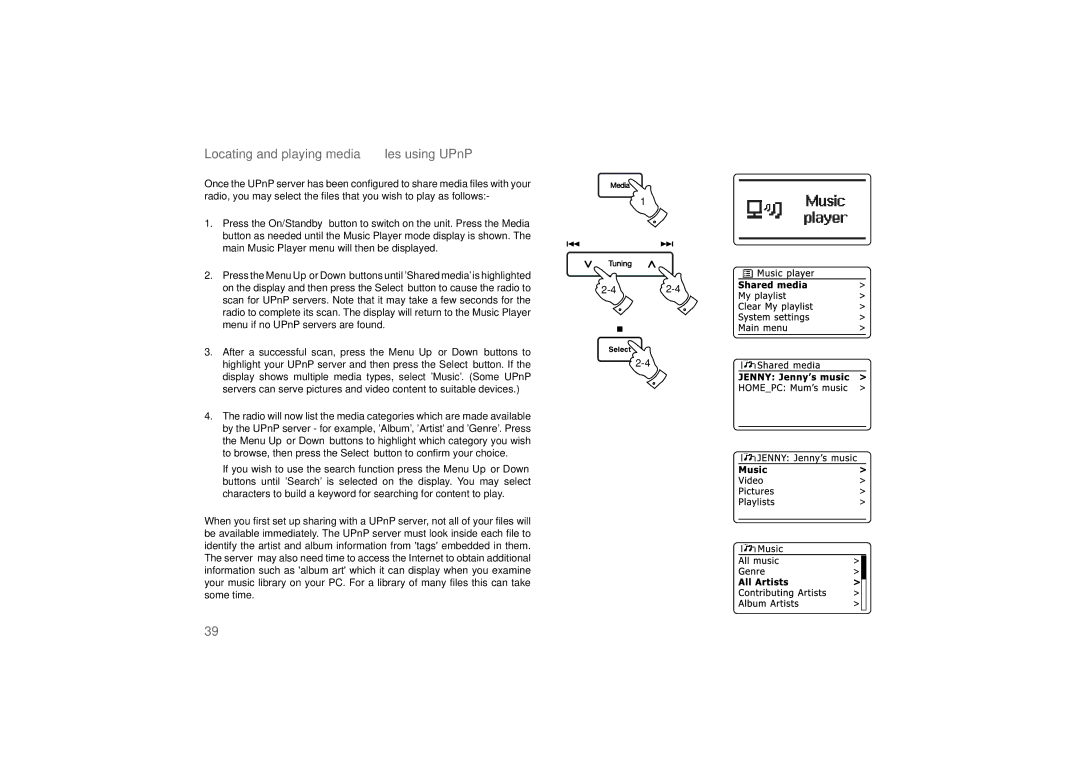 Roberts Radio 63I manual Locating and playing media ﬁles using UPnP 