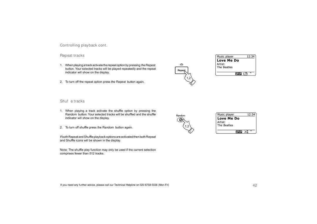 Roberts Radio 63I manual Controlling playback Repeat tracks, Shufﬂe tracks 