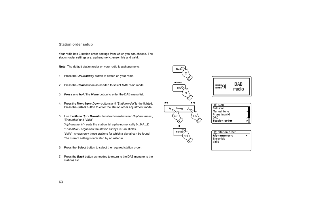 Roberts Radio 63I manual Station order setup, Ensemble and Valid 