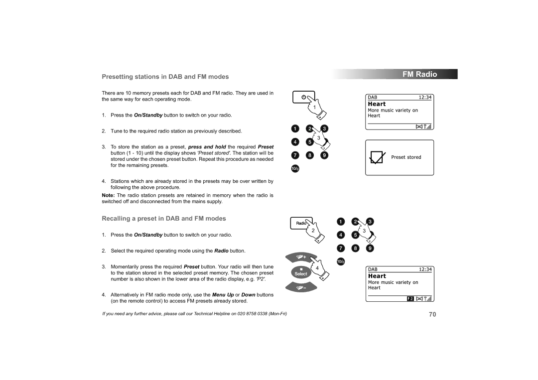 Roberts Radio 63I manual Presetting stations in DAB and FM modes, Recalling a preset in DAB and FM modes 