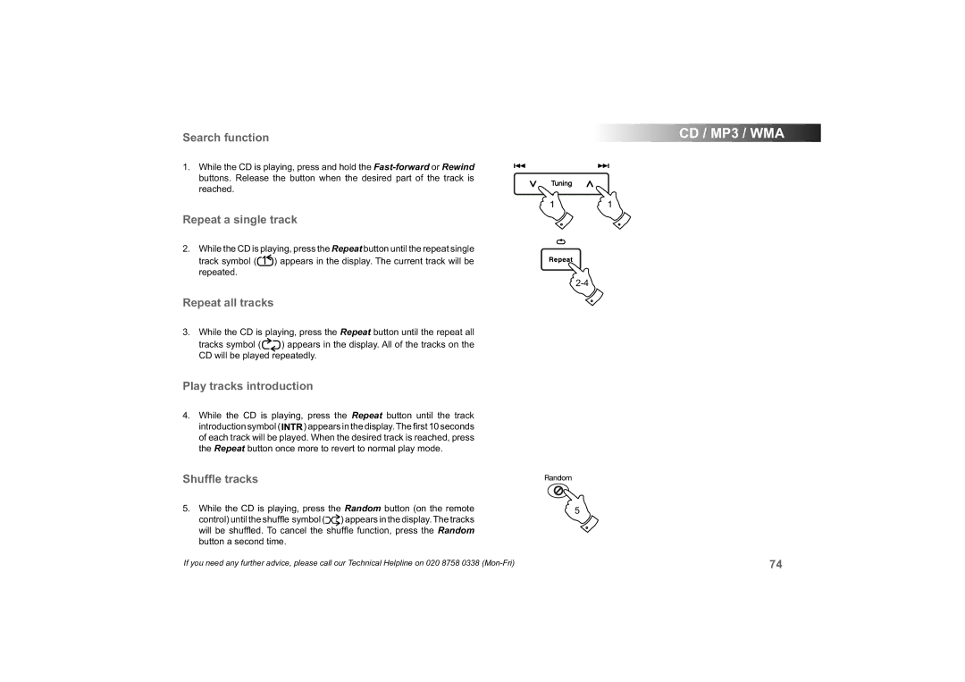 Roberts Radio 63I manual Search function, Repeat a single track, Repeat all tracks, Play tracks introduction 