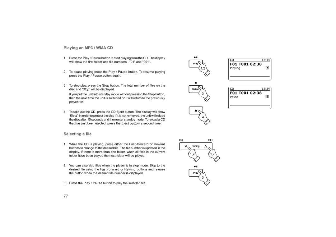 Roberts Radio 63I manual Playing an MP3 / WMA CD, Selecting a ﬁle 