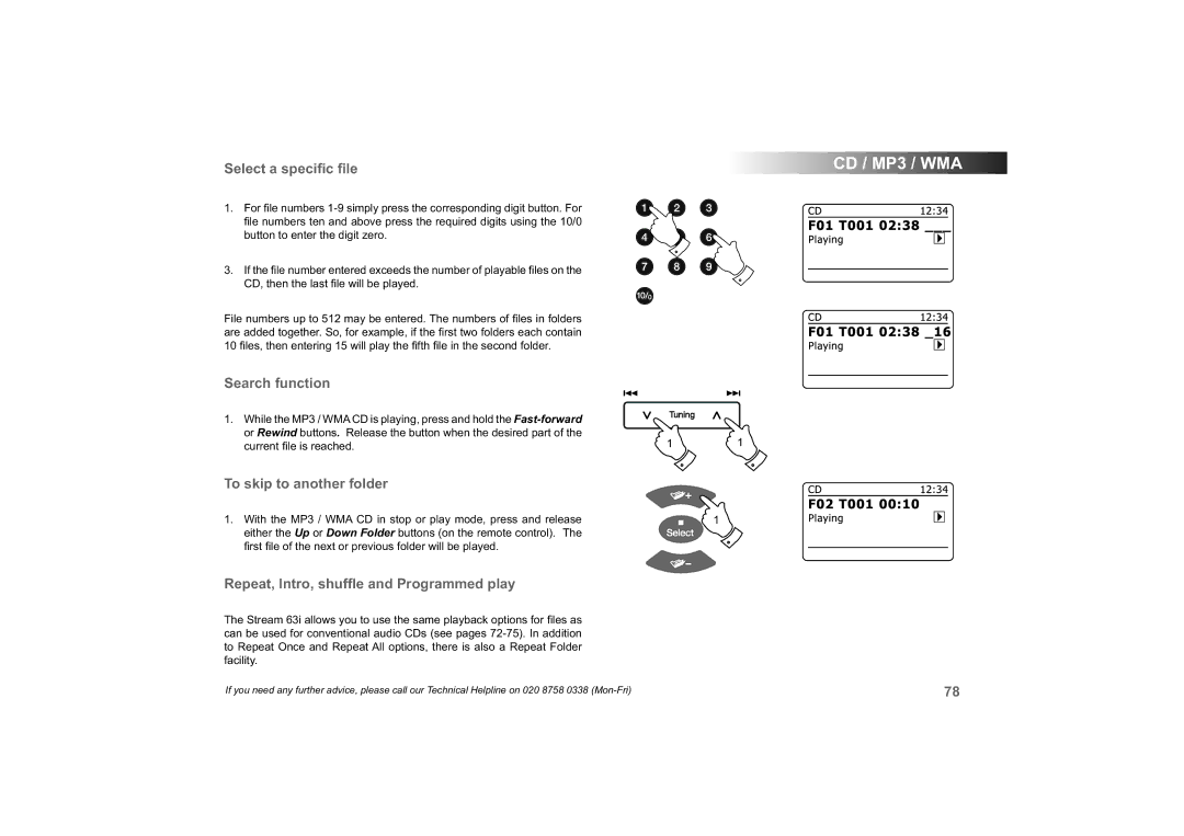 Roberts Radio 63I manual Select a speciﬁc ﬁle, To skip to another folder, Repeat, Intro, shufﬂe and Programmed play 