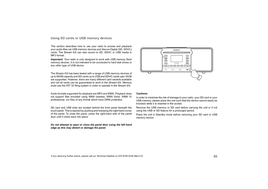 Roberts Radio 63I manual Sd / Usb, Using SD cards or USB memory devices 