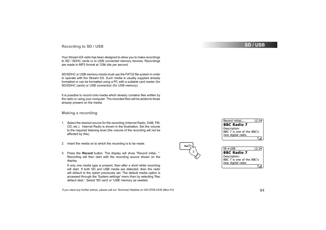 Roberts Radio 63I manual Recording to SD / USB, Making a recording 