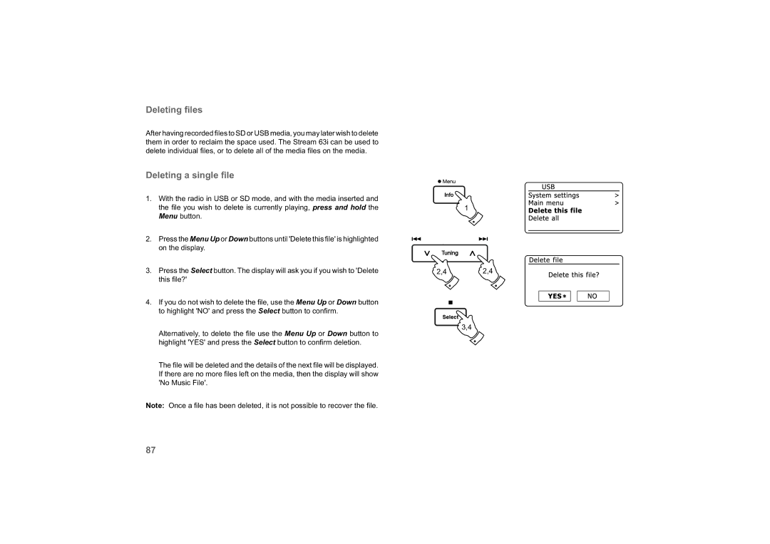 Roberts Radio 63I manual Deleting ﬁles, Deleting a single ﬁle 