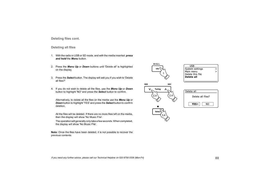 Roberts Radio 63I manual Deleting all ﬁles 