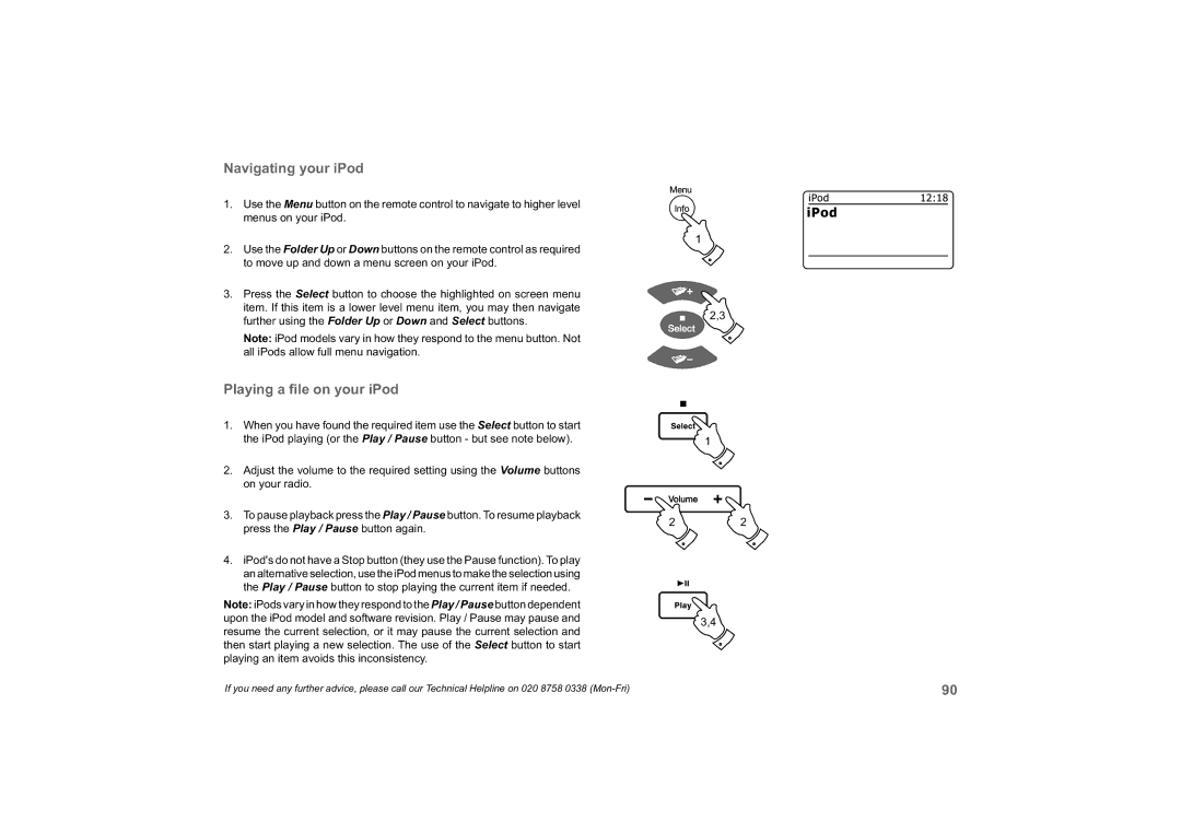 Roberts Radio 63I manual Navigating your iPod, Playing a ﬁle on your iPod 