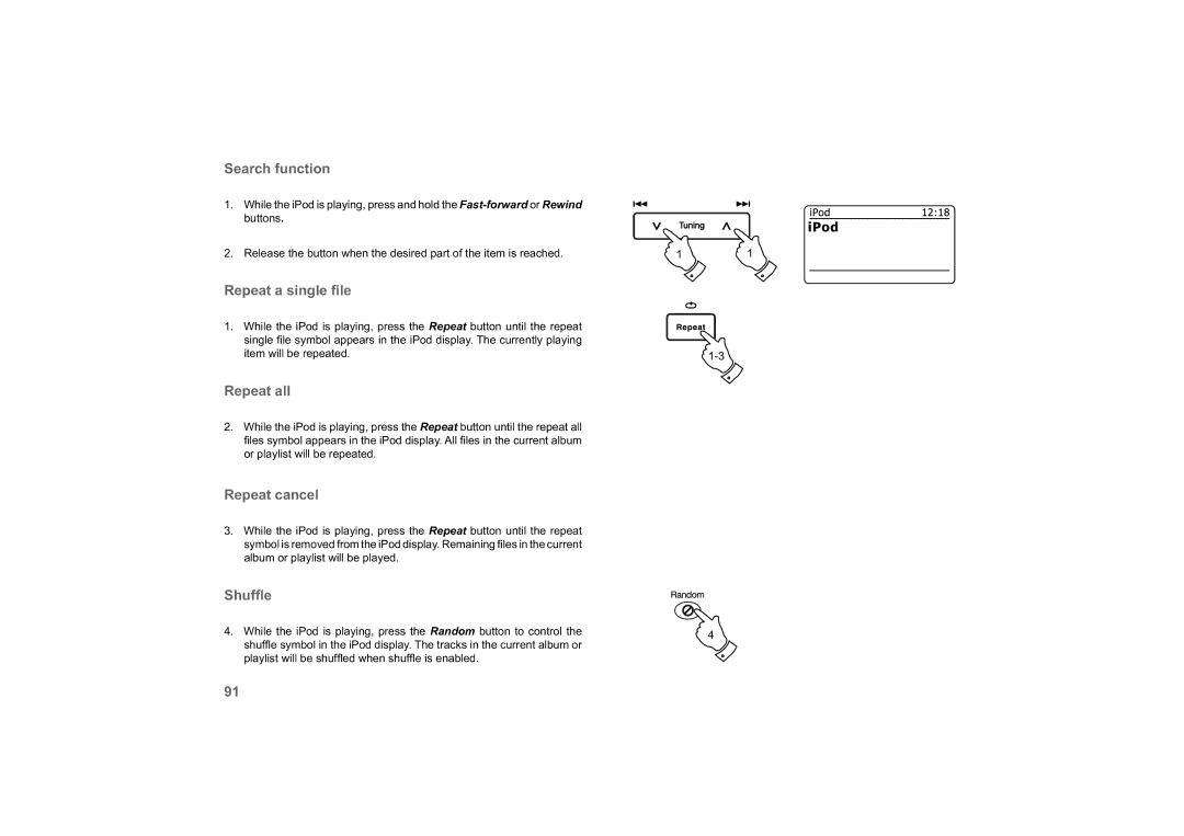 Roberts Radio 63I manual Repeat a single ﬁle, Repeat all, Repeat cancel, Shufﬂe 