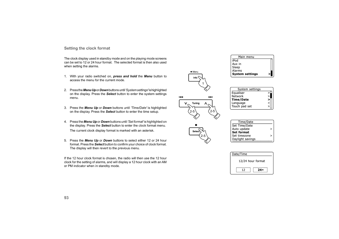 Roberts Radio 63I manual Setting the clock format 