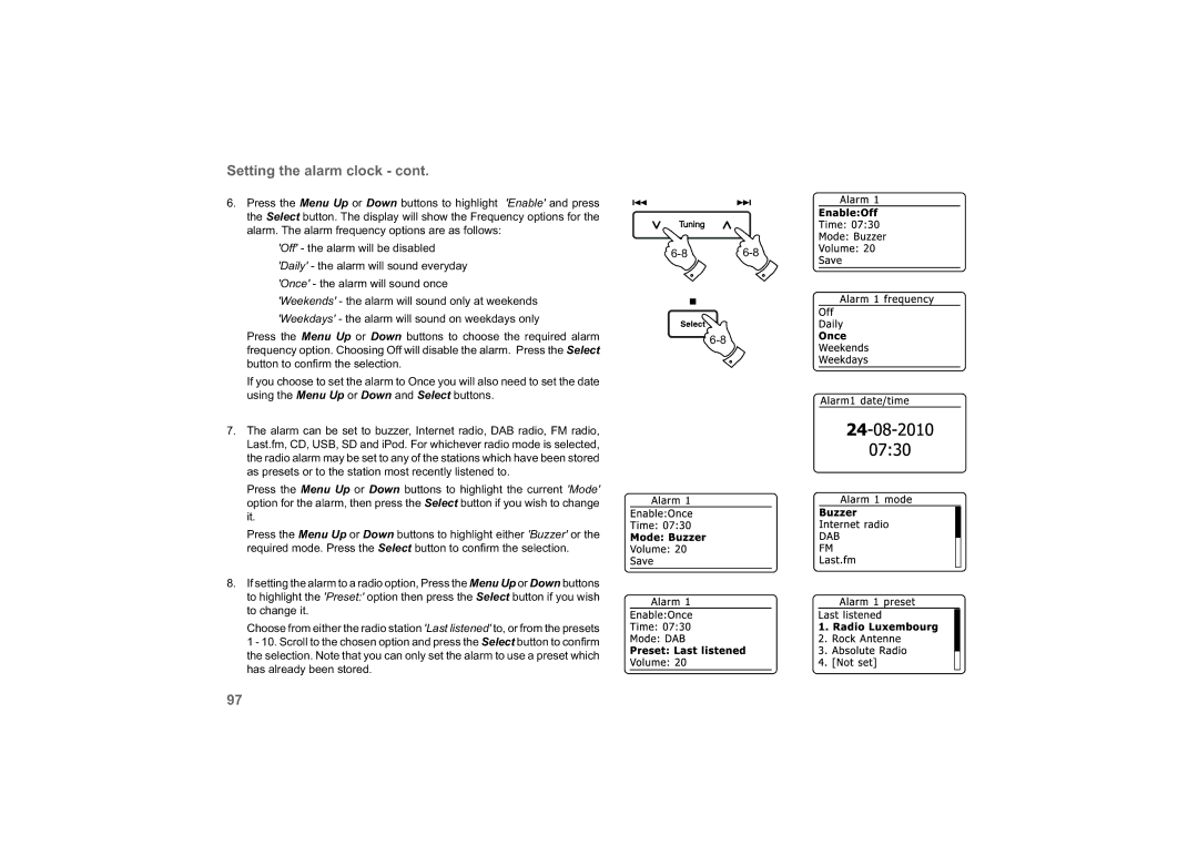 Roberts Radio 63I manual Setting the alarm clock 