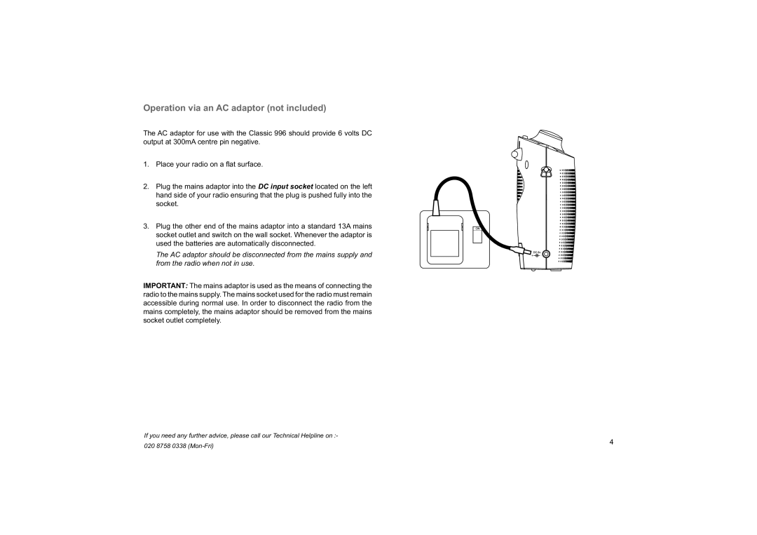 Roberts Radio 996 manual Operation via an AC adaptor not included 