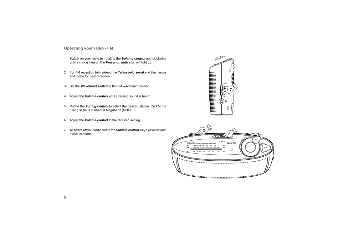 Roberts Radio 996 manual Operating your radio FM 