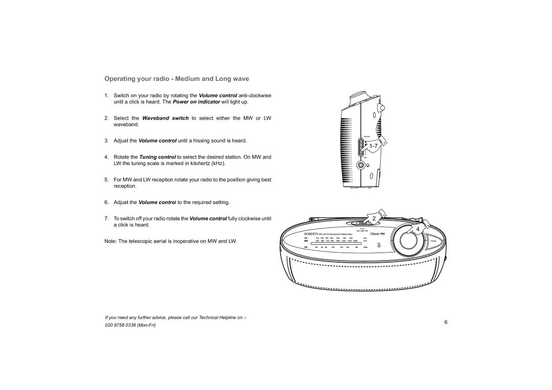 Roberts Radio 996 manual Operating your radio Medium and Long wave 