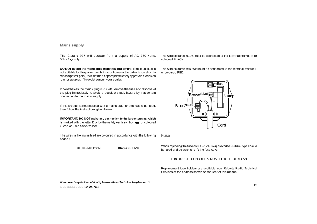 Roberts Radio 997 manual Mains supply, Fuse 