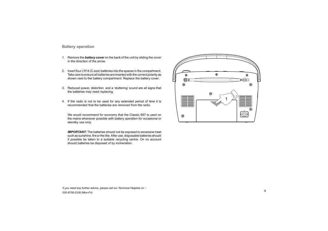 Roberts Radio 997 manual Battery operation 