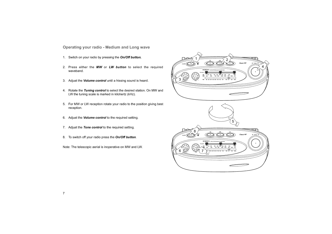 Roberts Radio 997 manual Operating your radio Medium and Long wave 