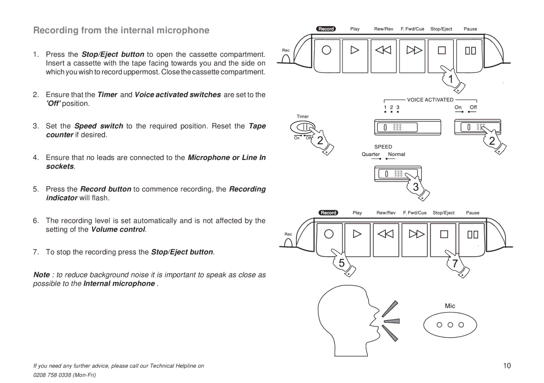 Roberts Radio C9950 manual Recording from the internal microphone 