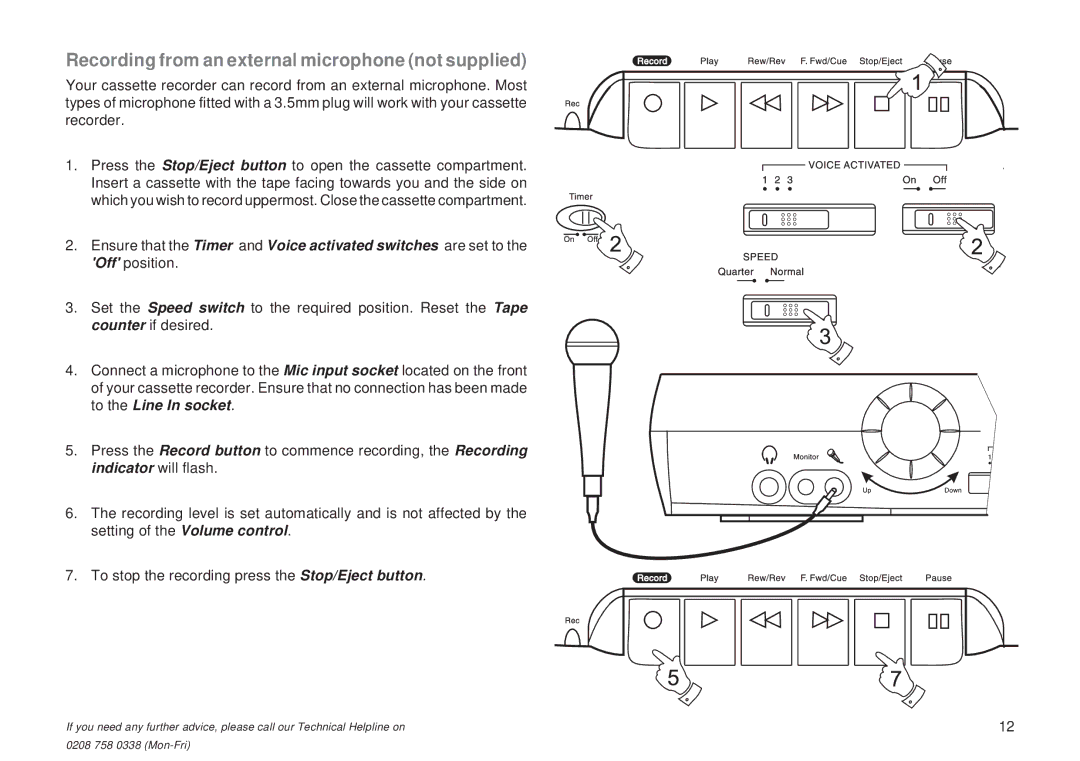 Roberts Radio C9950 manual Recording from an external microphone not supplied, To the Line In socket 