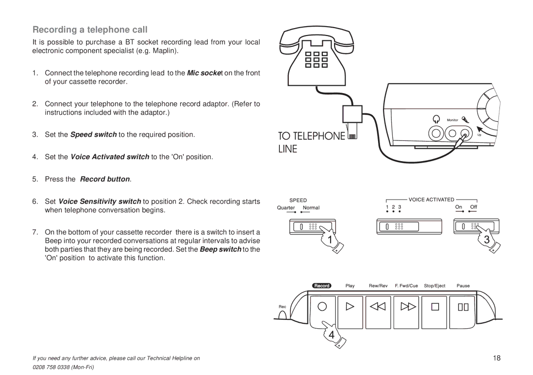 Roberts Radio C9950 manual Recording a telephone call, Press the Record button 