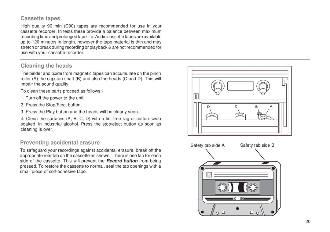 Roberts Radio C9950 manual Cleaning the heads, Preventing accidental erasure 