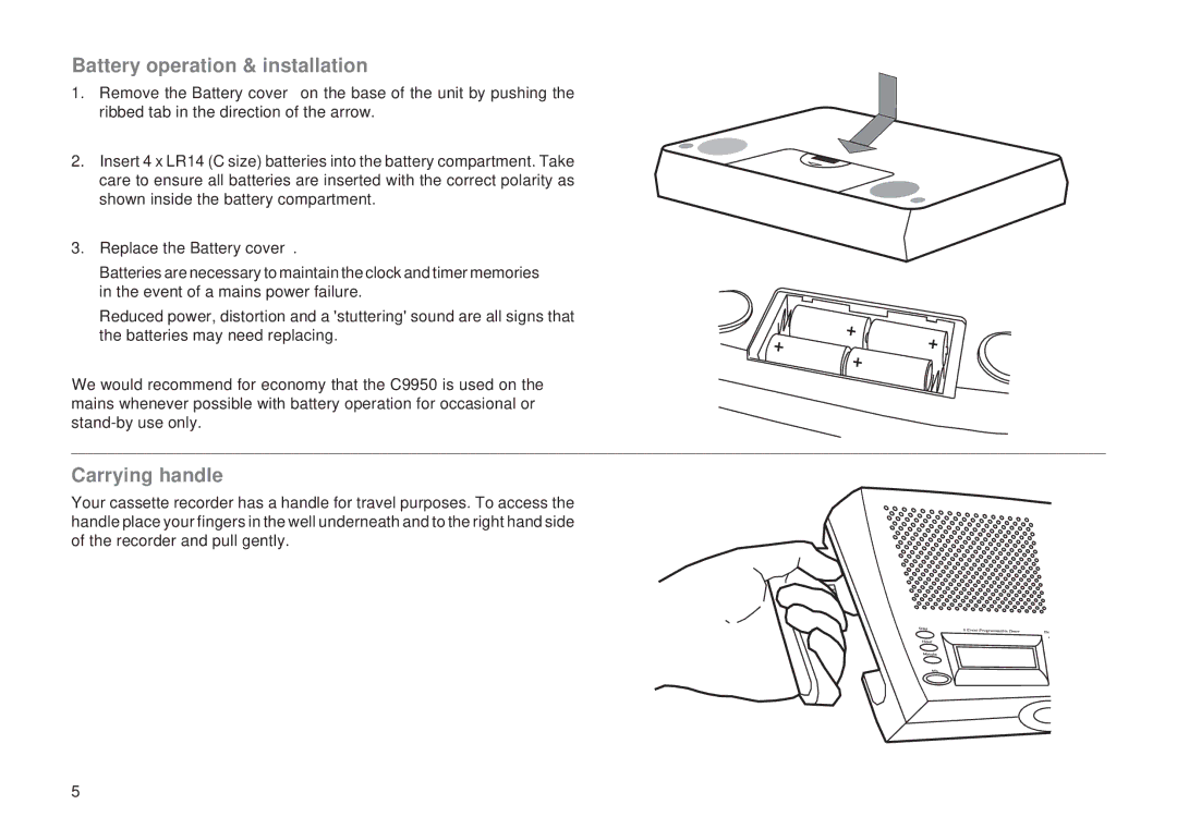 Roberts Radio C9950 manual Battery operation & installation, Carrying handle 