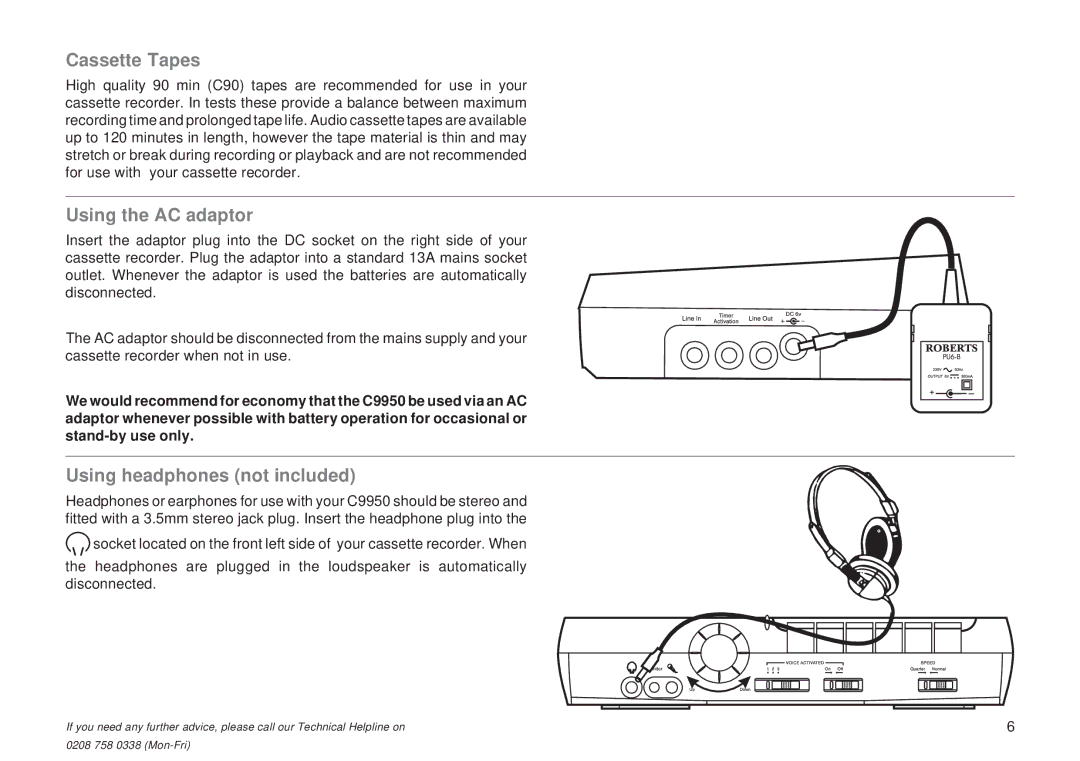 Roberts Radio C9950 manual Cassette Tapes, Using the AC adaptor, Using headphones not included 