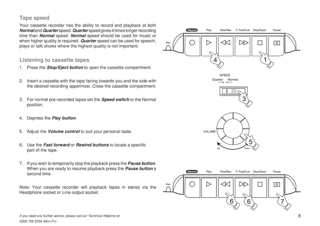 Roberts Radio C9950 manual Tape speed, Listening to cassette tapes 