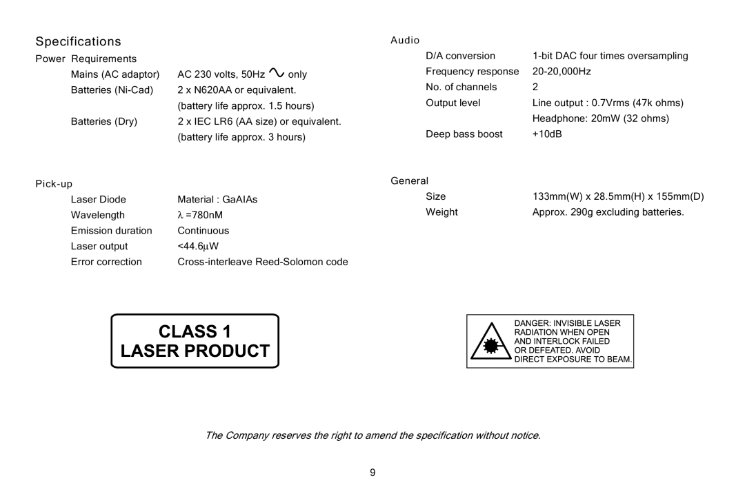 Roberts Radio CD965 manual Specifications 