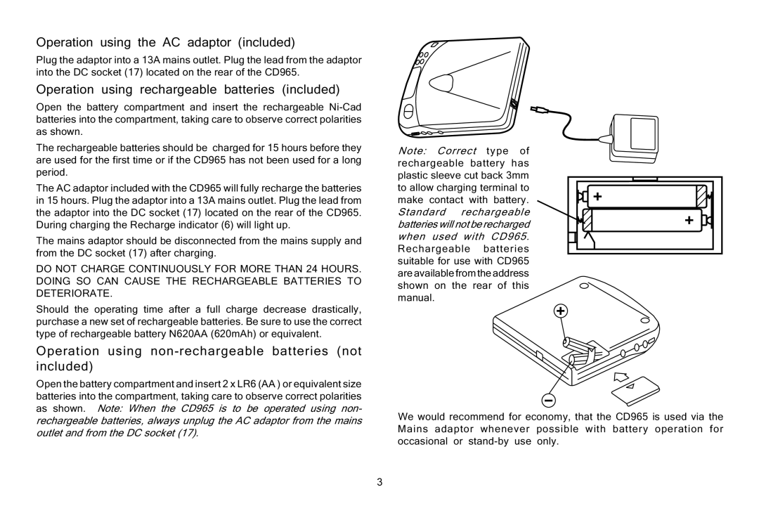 Roberts Radio CD965 manual Operation using the AC adaptor included, Operation using rechargeable batteries included 