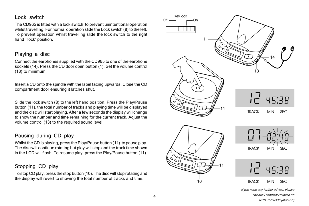 Roberts Radio CD965 manual Lock switch, Playing a disc, Pausing during CD play, Stopping CD play 