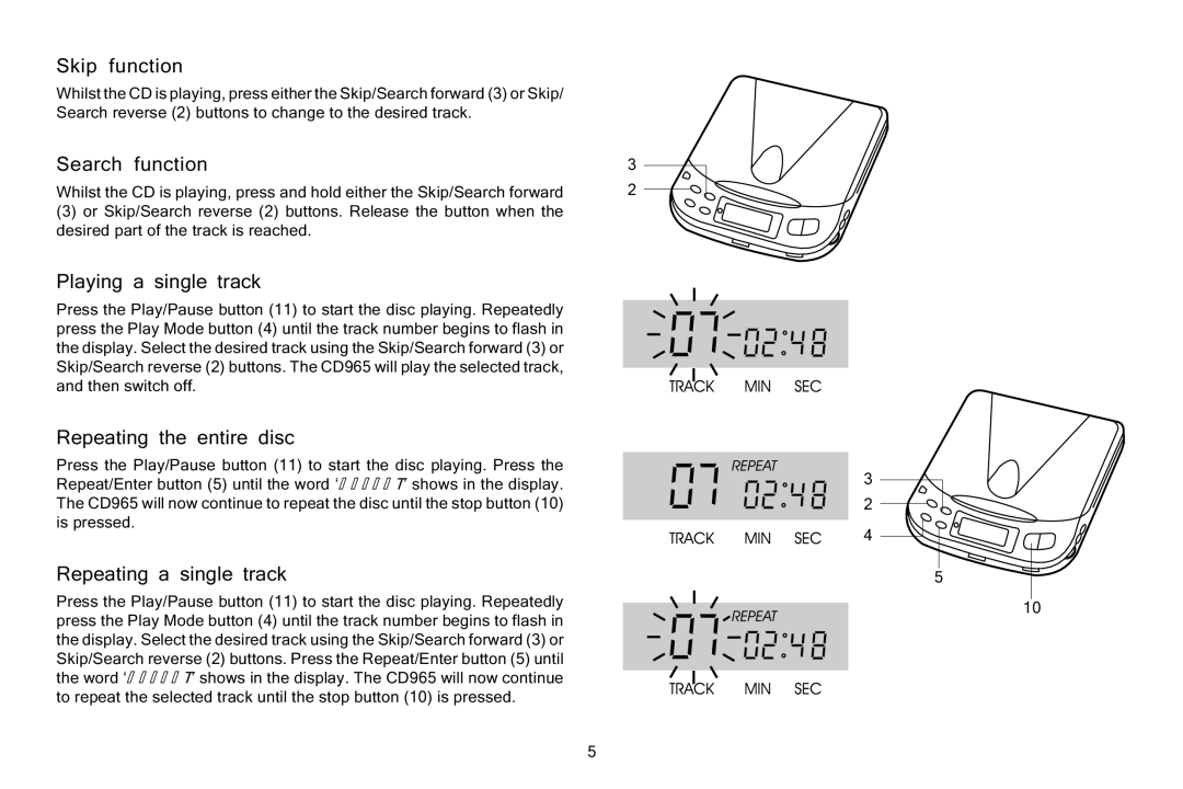 Roberts Radio CD965 manual Skip function, Search function, Playing a single track, Repeating the entire disc 