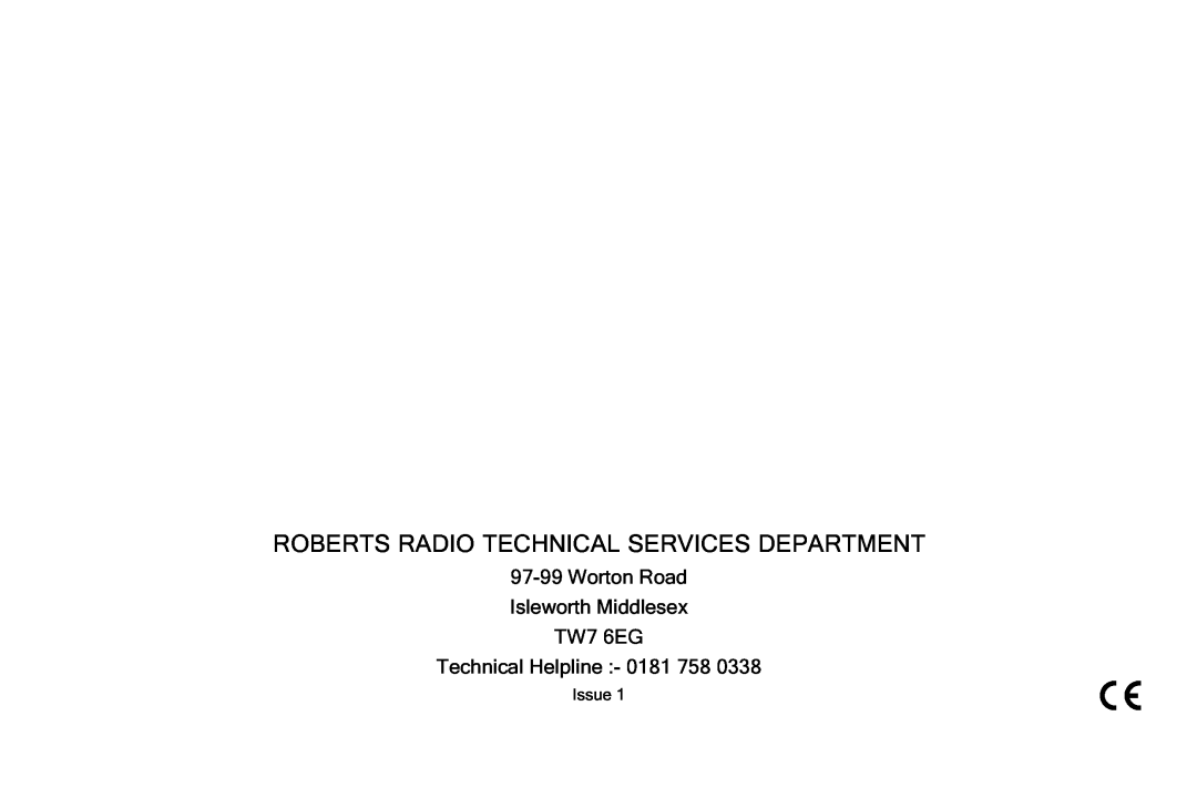 Roberts Radio CD965 manual Roberts Radio Technical Services Department, 97-99Worton Road Isleworth Middlesex TW7 6EG 