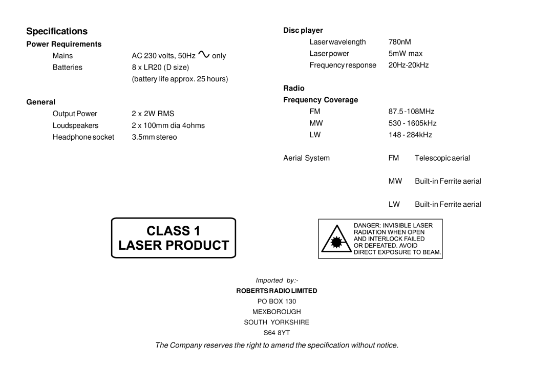 Roberts Radio CD9909 manual Specifications, Radio Frequency Coverage 