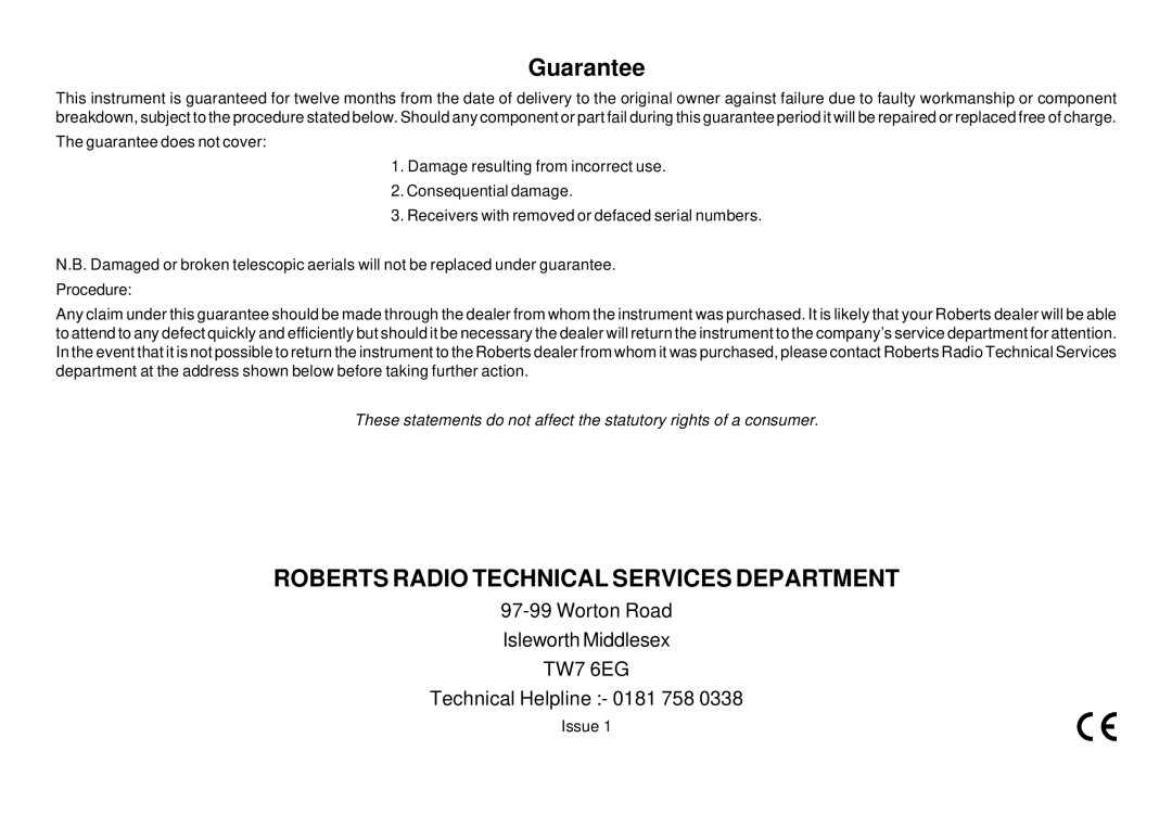 Roberts Radio CD9909 manual Roberts Radio Technical Services Department 